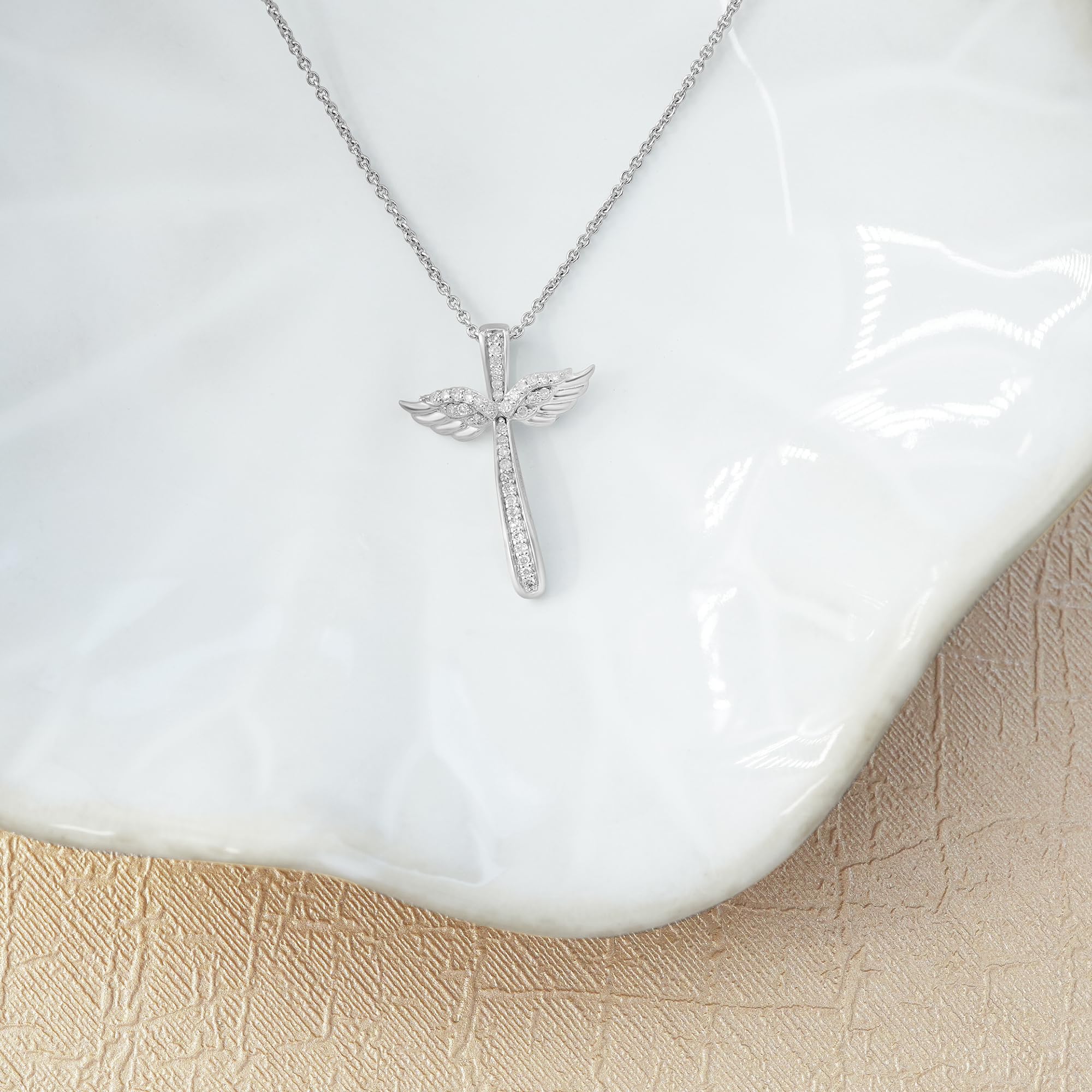 Timeless Love 1/10 CT Diamond Wing Cross Pendant Set in Sterling Silver, Necklace with 18" Cable Spring Ring, Dainty Jewelry for Women, Luxury Fashion Pendant Necklaces for Women or Girls