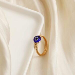 ASCOMY Delicate Evil Eye Ring for Women 14K Gold Plated Handmade Dark Blue Evil Eye Rings Stackable Turkish Faith Protection Wrapped Ring Everyday Jewelry Gifts Size 9