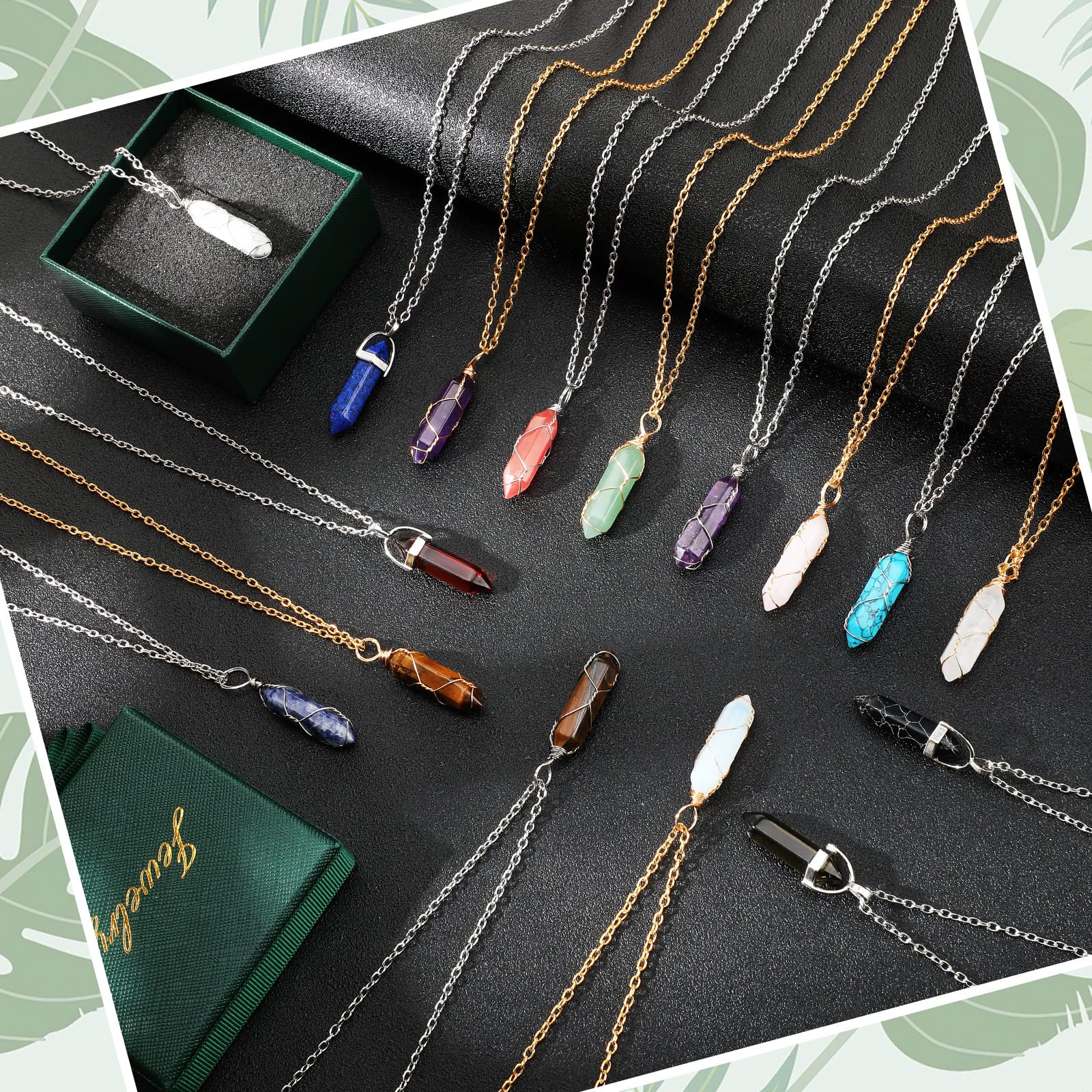 16 Pcs Healing Crystal Stone Necklaces Hexagonal Gemstone Pendant Necklace Full Wire Wrap Crystal Necklace Spiritual Crystal Jewelry Amethyst Necklace with Silver Gold Chains for Women