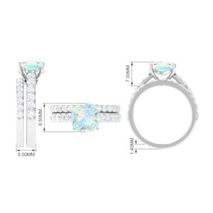 Certified Opal Wedding Ring Set, AAA Quality, Natural 8mm Cushion Cut Opal Engagement Ring with Moissanite Enhancer, 14K White Gold, Size:US 10.00