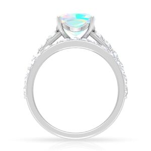 Certified Opal Wedding Ring Set, AAA Quality, Natural 8mm Cushion Cut Opal Engagement Ring with Moissanite Enhancer, 14K White Gold, Size:US 10.00