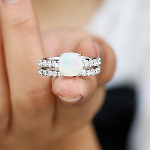 Certified Opal Wedding Ring Set, AAA Quality, Natural 8mm Cushion Cut Opal Engagement Ring with Moissanite Enhancer, 14K White Gold, Size:US 7.50