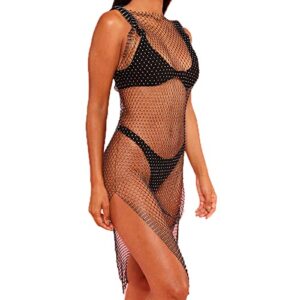 Zoestar Rhinestone Body Chains Crystal Mesh Coverup Glitter Fishnet Party Dress Hollow Bikini Swimsuit Sparkly Elastic Belly Body Chain for Women(Black)