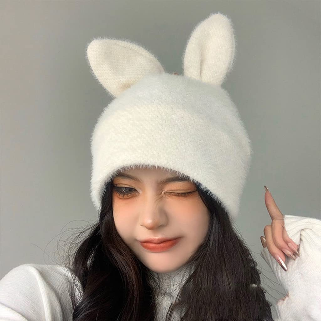 3D Rabbit Ears Beanie Hats Bunny Crochet Cap Cute Plush Winter Hat for Women Girls (White)