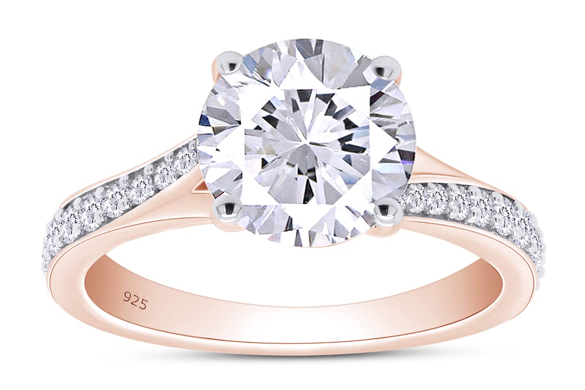 SAVEARTH DIAMONDS 2 Carat Round Cut Lab Created Moissanite Diamond Split Shank Solitaire Engagement Ring In 14K Rose Gold Plated 925 Sterling Silver Jewelry (G-H Color, 2.00 Cttw) Ring Size -6.5