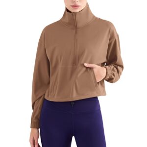 altiland Half Zip Pullover Cropped Jackets for Women Long Sleeve Workout Athletic Running Yoga Shirts (S, Cocoa Brown)