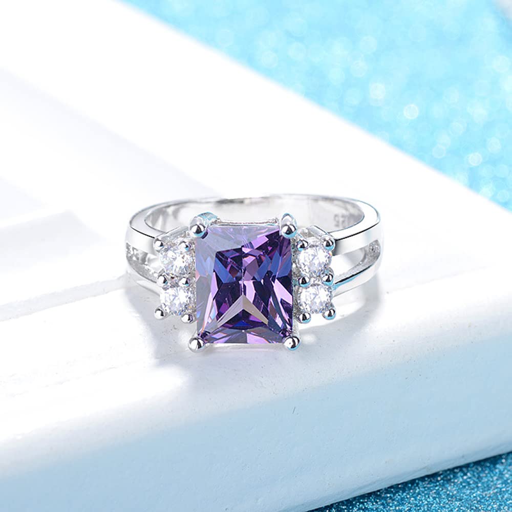 WDIYIEETN Emerald Cut Created Amethyst CZ Crystal Wedding Rings 925 Sterling Silver Solitaire Purple Diamond Engagement Rings (9)