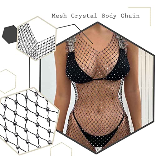 Zoestar Rhinestone Body Chains Sparkly Crystal Mesh Bikini Wrap Glitter Elastic Belly Body Chain Hollow Party Skirt for Women