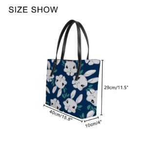 Blue Navy Blue Cute Kawaii Cartoon Animal White Bunny Tote Bag for Women Leather Handbags Women's Crossbody Handbags Work Tote Bags for Women Coach Handbags Tote Bag with Zipper.