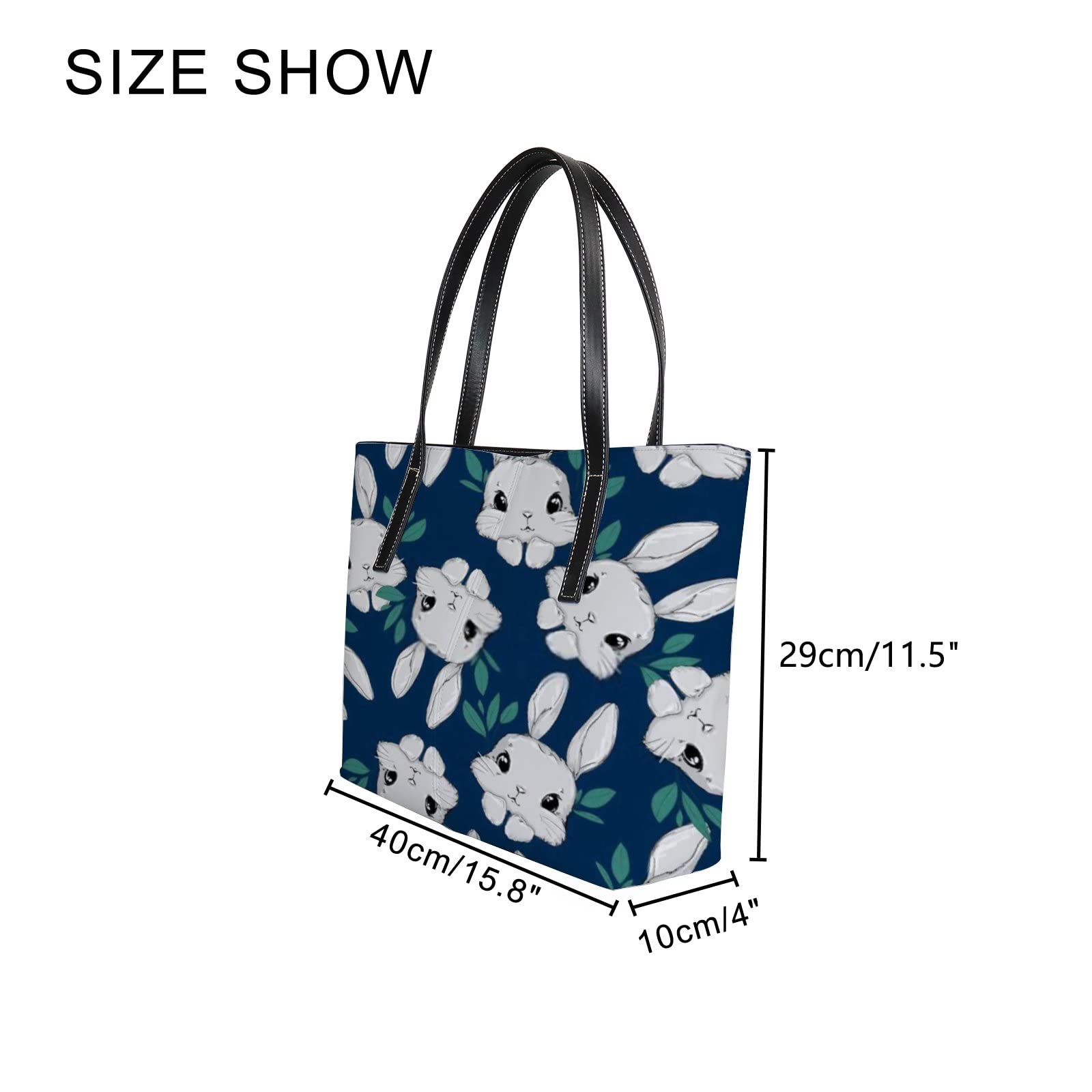 Blue Navy Blue Cute Kawaii Cartoon Animal White Bunny Tote Bag for Women Leather Handbags Women's Crossbody Handbags Work Tote Bags for Women Coach Handbags Tote Bag with Zipper.