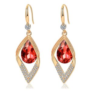 austrian crystal teardrop hollow leaf drop dangle earrings for women 14k rose gold plated hypoallergenic jewelry (red)