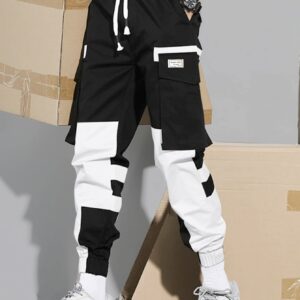 WDIRARA Men's Colorblock Patchwork Streetwear Cargo Pants Active Sporty Pants with Pockets Black and White S