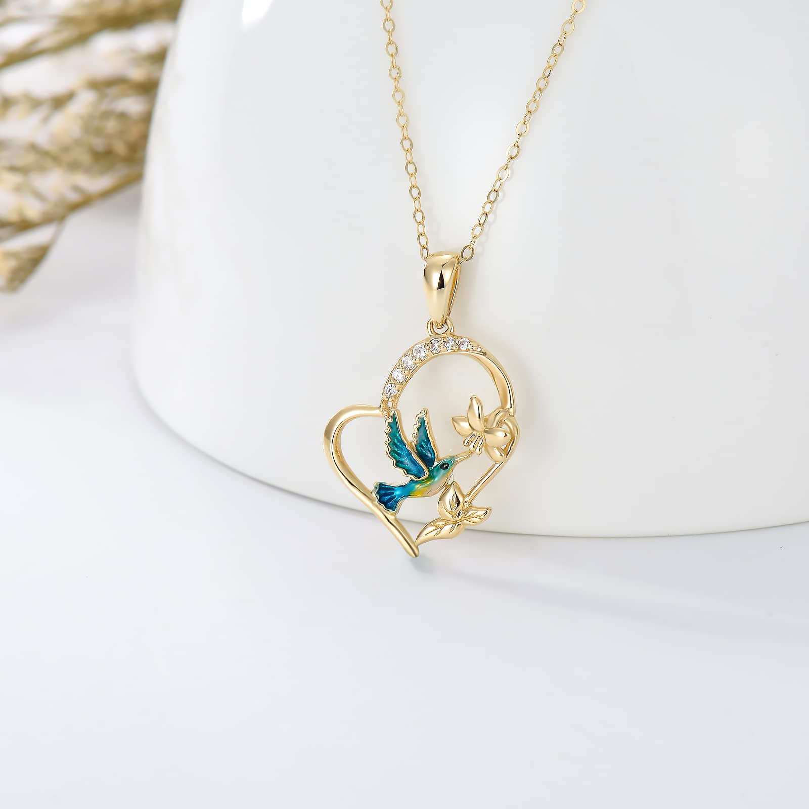 YDD 14K Solid Gold Hummingbird Necklaces for Women Gold Hummingbird Heart Pendant Bird Necklace 16''-18"