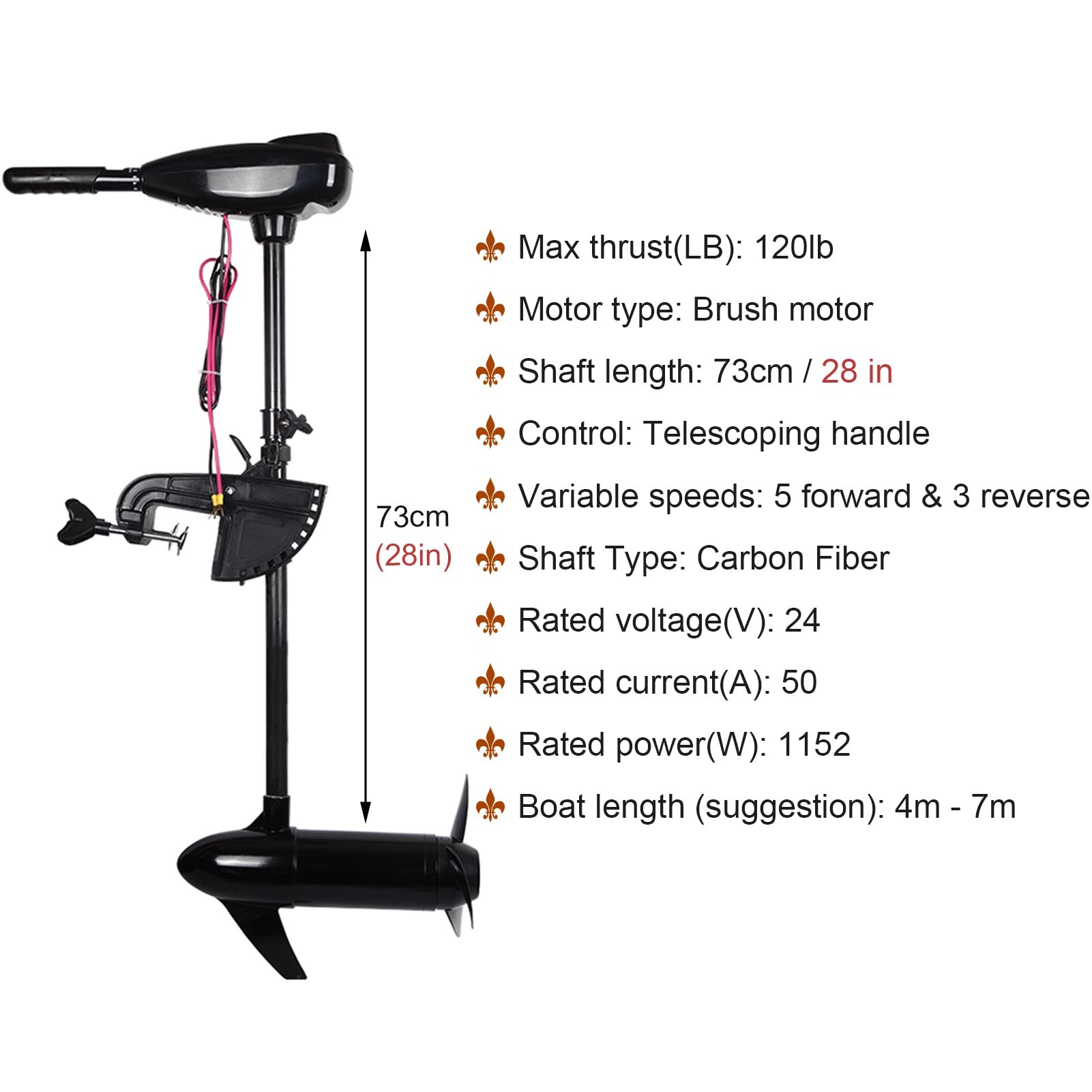 trolling Motor 24V 120 Lb Thrust Trolling Motors, Electric Outboard Motor for Kayak/Trolling Boat/Aluminum Boat/Fishing Boat, Transom Mounted