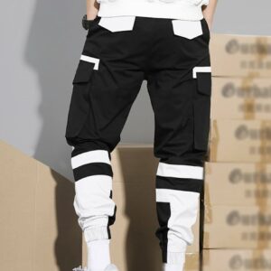 WDIRARA Men's Colorblock Patchwork Streetwear Cargo Pants Active Sporty Pants with Pockets Black and White S