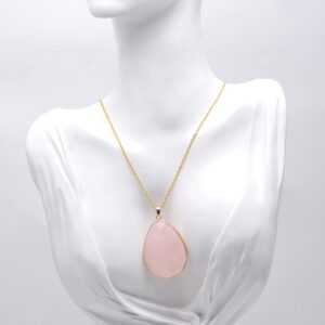 Paialco Faceted Cut Natural Rose Quartz Crystal Big Flat Drop Pendant Necklace, Yellow Gold Gilt