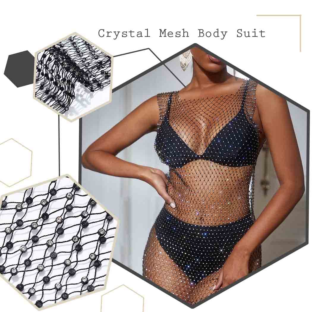 Zoestar Rhinestone Body Chains Crystal Mesh Coverup Glitter Fishnet Party Dress Hollow Bikini Swimsuit Sparkly Elastic Belly Body Chain for Women(Black)