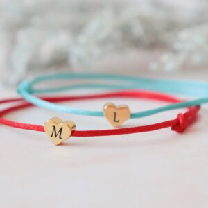 MIA·MIA Custom heart initial thread string bracelet, cotton cord tiny charm adjustable band for his and her, soul sisters, pinky promise, distance matching gifts for couples & best friends