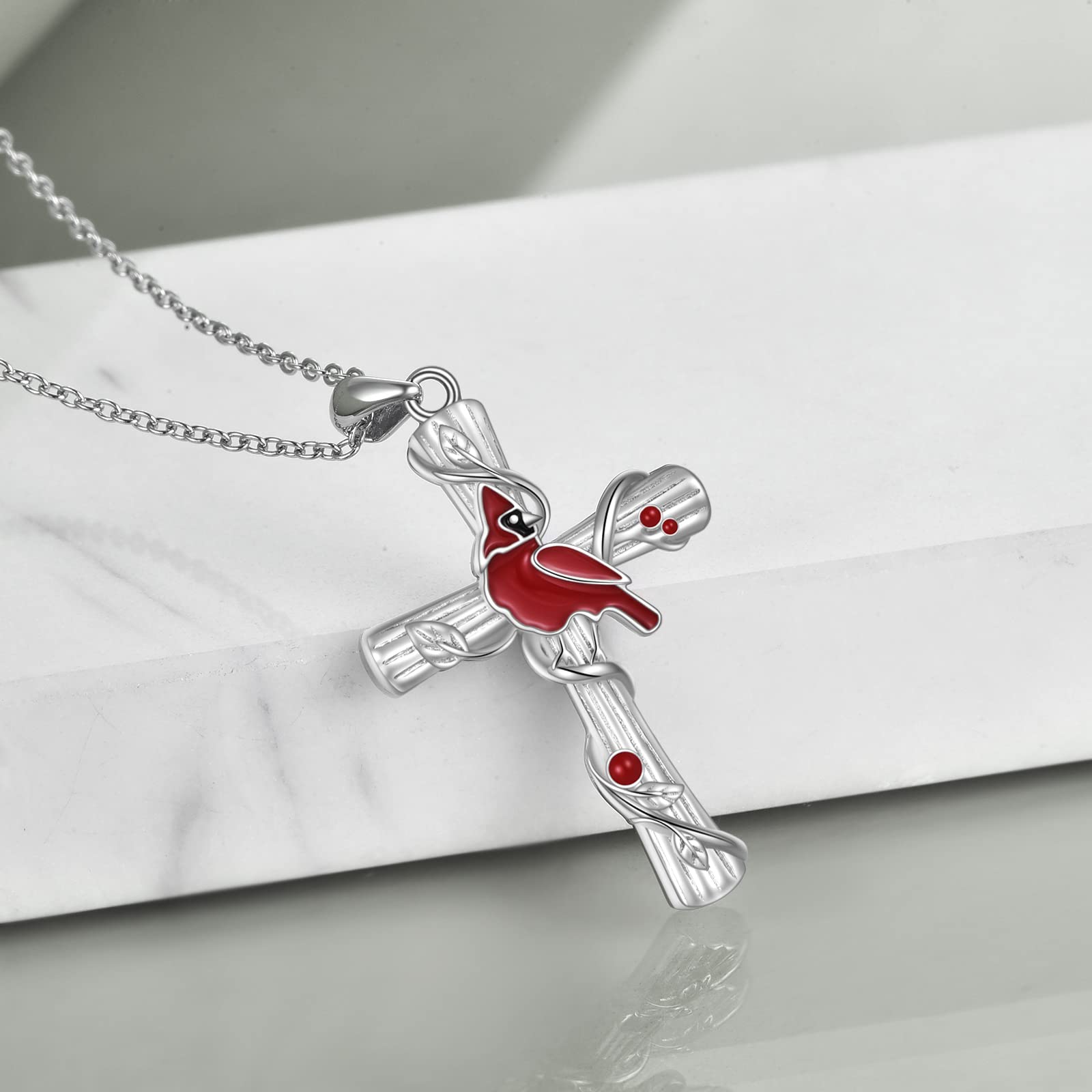 POPKIMI Red Cardinal Pendant Necklace S925 Sterling Silver Cardinal Jewelry Red Bird Memorial Red Cardinal Tree Pendant Jewelry Gift for Women