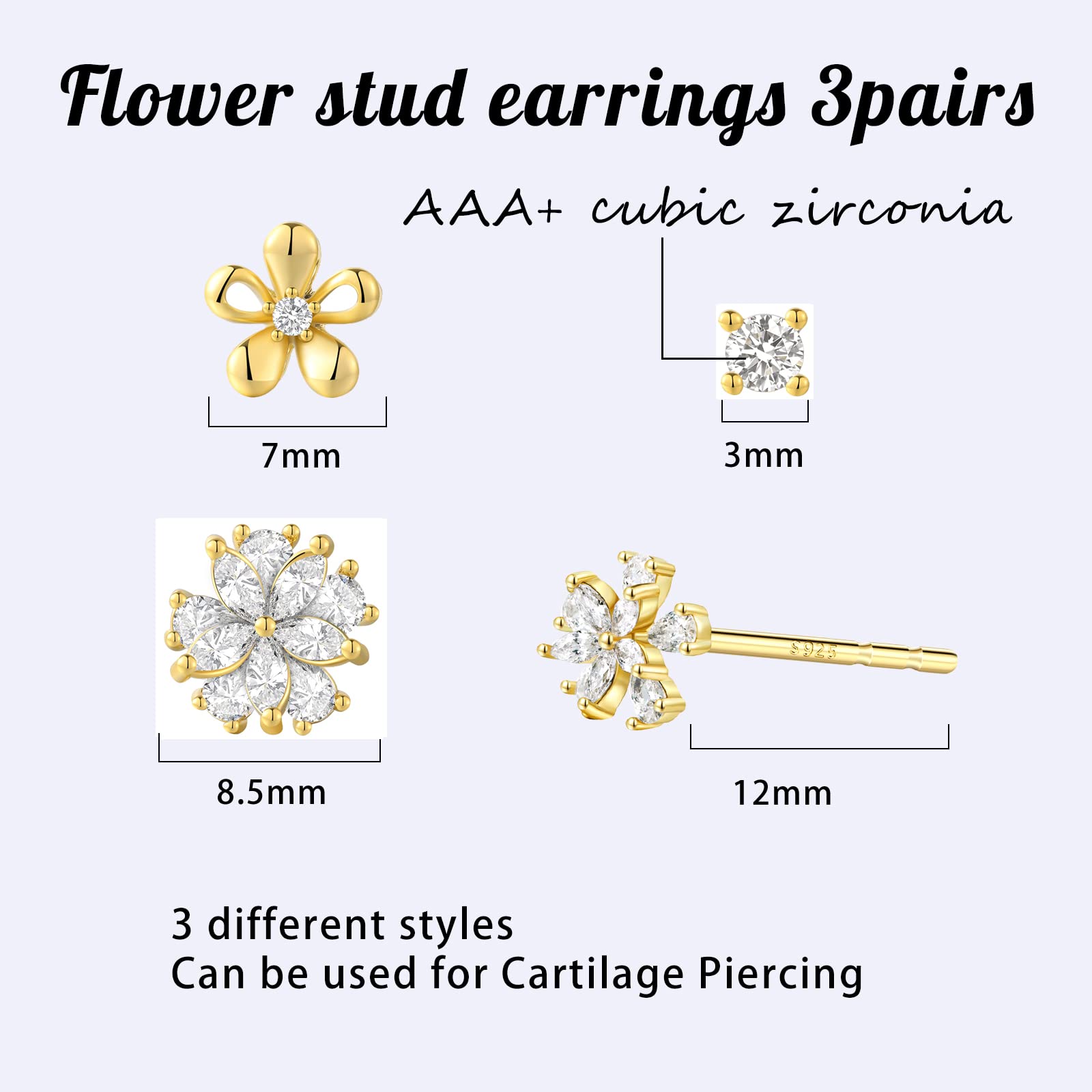 925 Sterling Silver Post Flowers Stud Earrings 14k Gold Plated 3 Pair Earrings Set for Women Hypoallergenic Cubic Zirconia Tiny Snowflake Earring for Girl