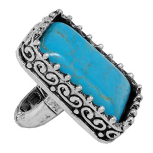 Rosemarie & Jubalee Women's Statement Size Western Chic Rectangular Semi Precious Howlite Stone Stretch Cocktail Ring, 1.37" (Turquoise Blue)