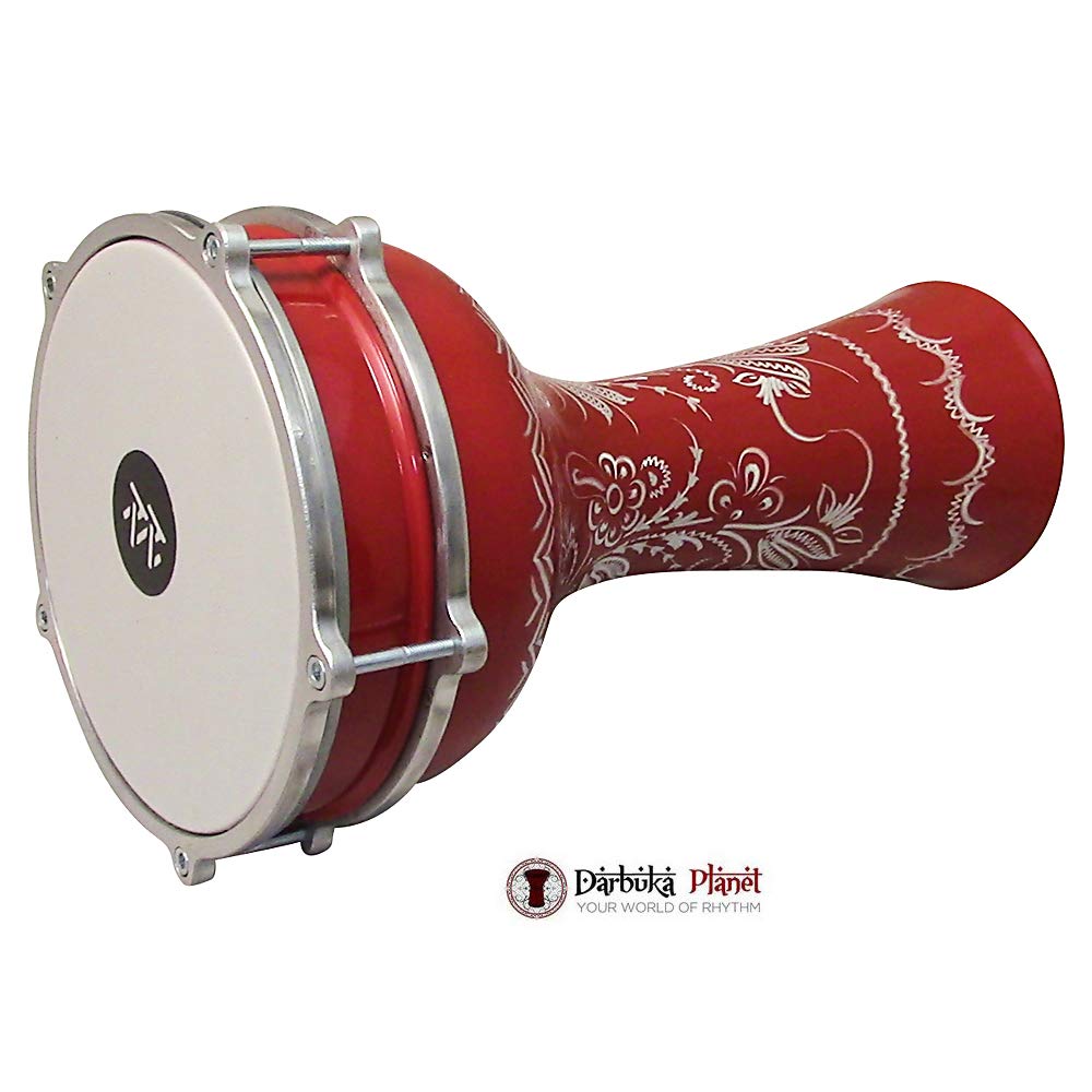 ZAZA Percussion 16'' Length Aluminum Darbuka, 8" Tunable Synthetic Head and Internal Jingles Doumbek (Red)