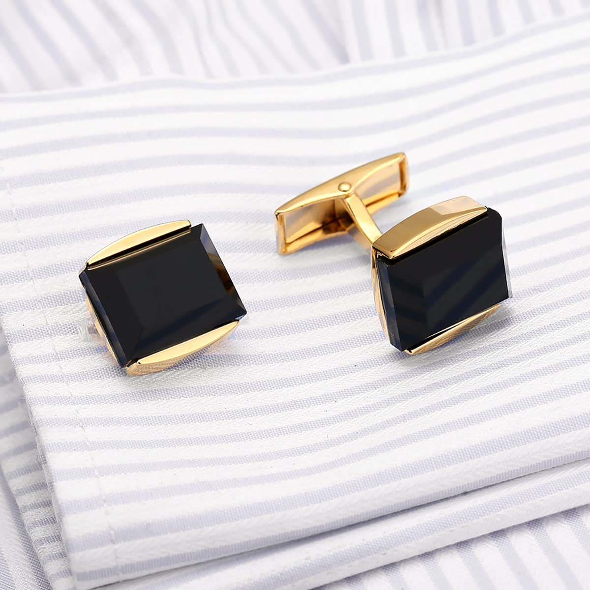 Simple Black Agate Tuxedo Cufflinks & Studs Set Basic Silver Formal Set YW42G (Soft Square Set Gold)