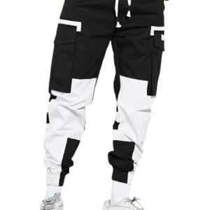 WDIRARA Men's Colorblock Patchwork Streetwear Cargo Pants Active Sporty Pants with Pockets Black and White S