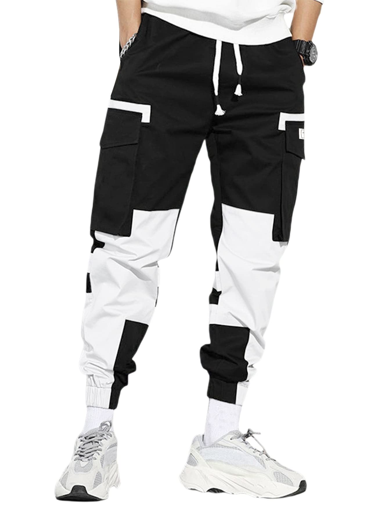 WDIRARA Men's Colorblock Patchwork Streetwear Cargo Pants Active Sporty Pants with Pockets Black and White S