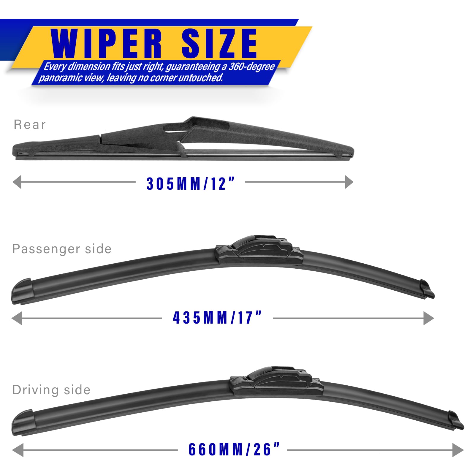 3 wipers Replacement for 2014-2021 Nissan Rogue, Windshield Wiper Blades Original Equipment Replacement - 26"/17"/12" (Set of 3) U/J HOOK