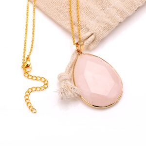 Paialco Faceted Cut Natural Rose Quartz Crystal Big Flat Drop Pendant Necklace, Yellow Gold Gilt