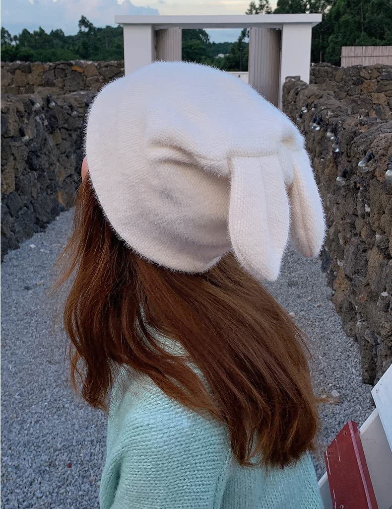 3D Rabbit Ears Beanie Hats Bunny Crochet Cap Cute Plush Winter Hat for Women Girls (White)