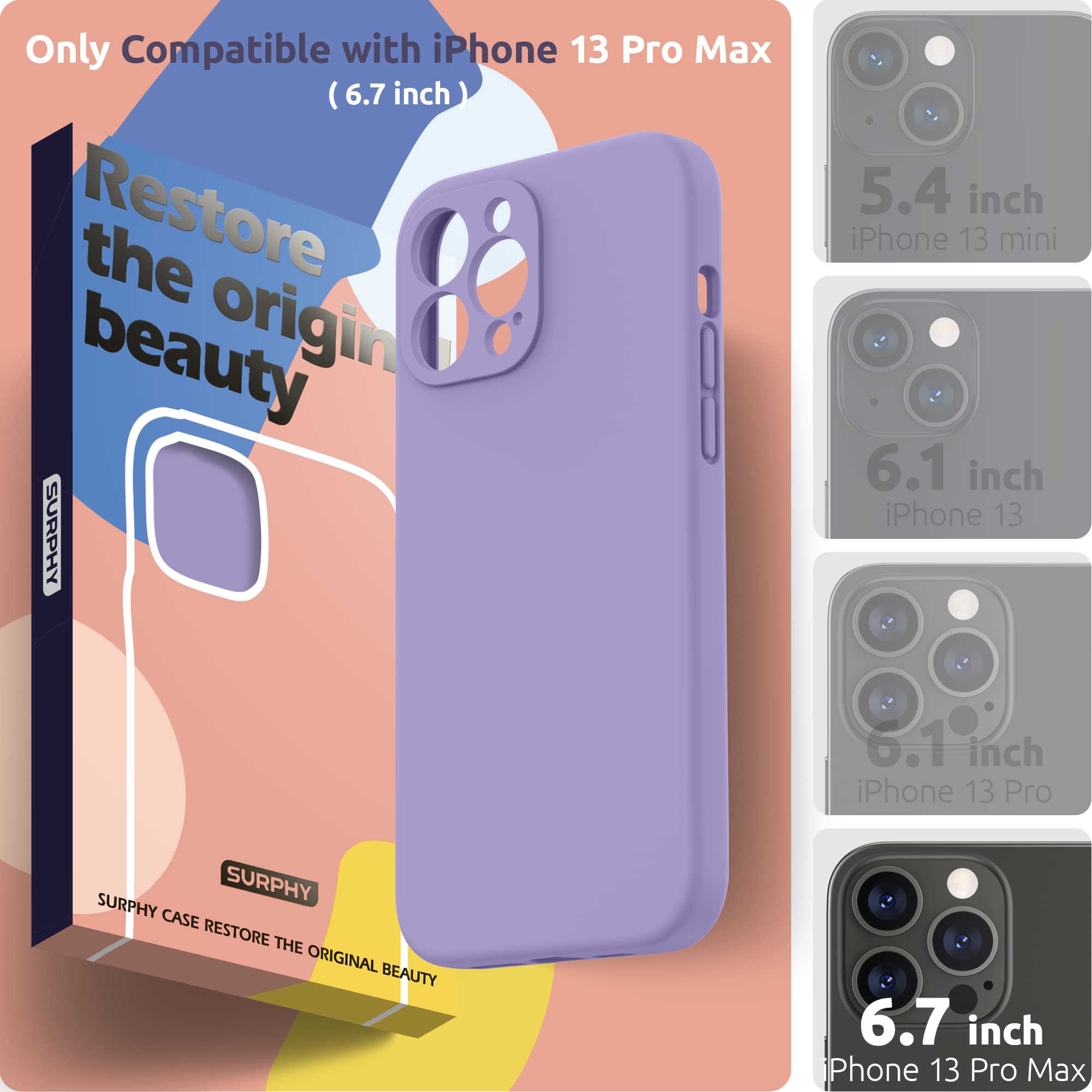 SURPHY Compatible with iPhone 13 Pro Max Case with Screen Protector, (Camera Protection + Soft Microfiber Lining) Liquid Silicone Phone Case 6.7 inch 2021, Light Purple