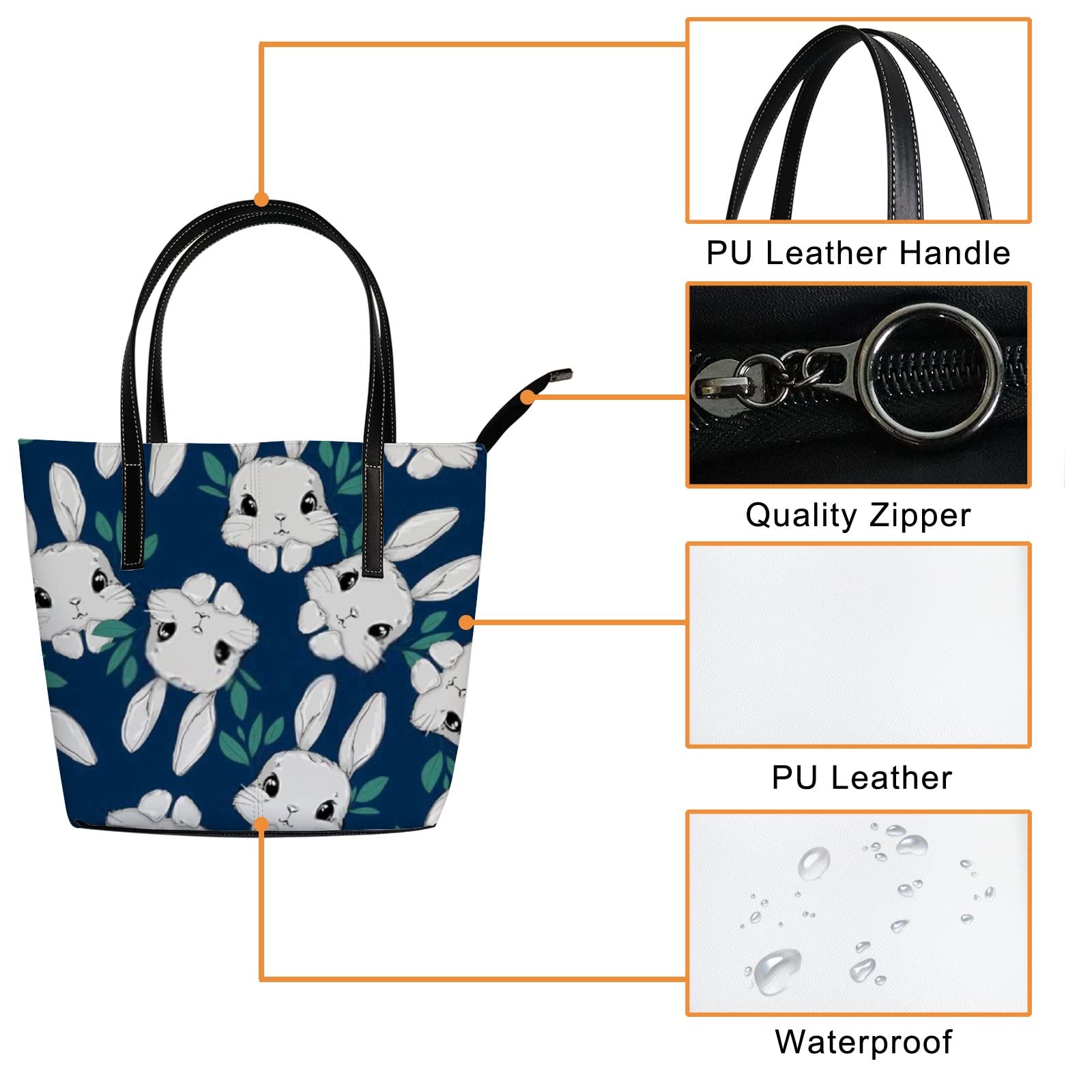 Blue Navy Blue Cute Kawaii Cartoon Animal White Bunny Tote Bag for Women Leather Handbags Women's Crossbody Handbags Work Tote Bags for Women Coach Handbags Tote Bag with Zipper.