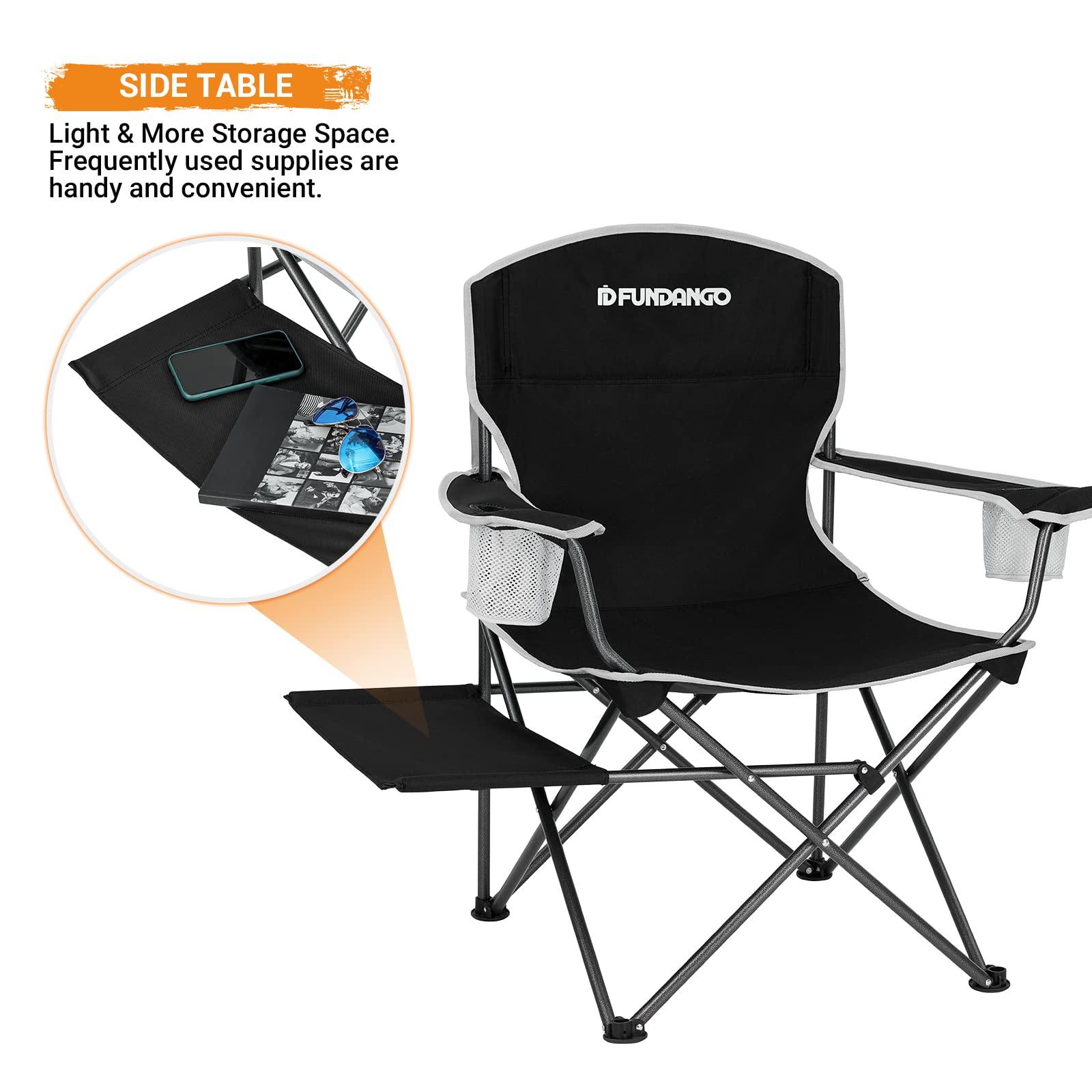 FUNDANGO Folding Padded Camping Arm Chair, Portable Outdoor Full Back Lawn Chair with Side Table Cup Holder Side Pocket for Garden Camping Picnic BBQ Concert with Carry Bag, Support 300LBS