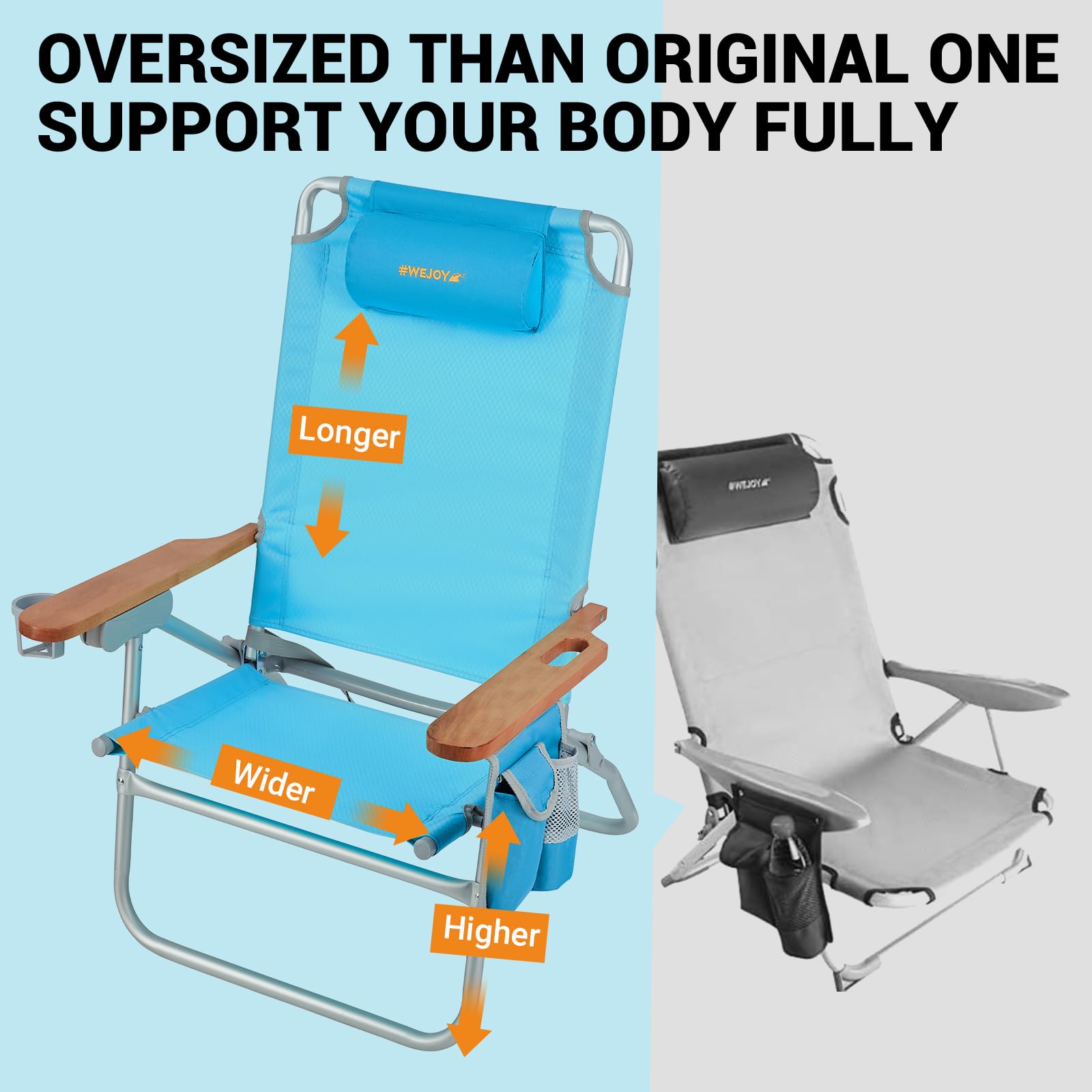 #WEJOY Oversized Beach Chair, 5 Adjustable Reclining Folding Backpack Beach Chairs for Adult, High Back Seat Chair with Bottle Opener,Handle Strap,Phone&Cup Holder for Camping Sand,300 Lbs