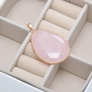 Paialco Faceted Cut Natural Rose Quartz Crystal Big Flat Drop Pendant Necklace, Yellow Gold Gilt