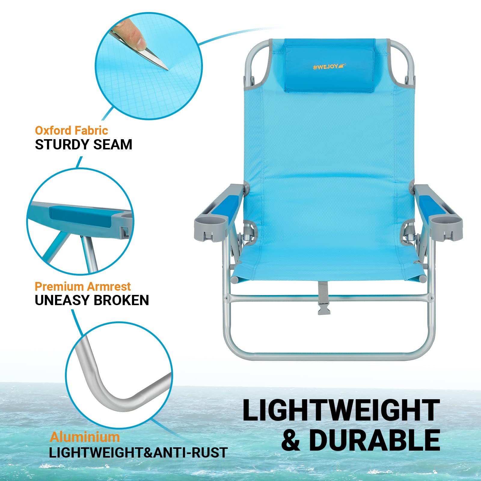 #WEJOY 2 Pack Oversized Backpack Beach Chair, 5 Adjustable Folding Reclining Beach Chairs,Portable High Back Low Chair with Backpacking Strap,Bottle Opener,Phone&Cup Holder for Camping Sand,300 Lbs