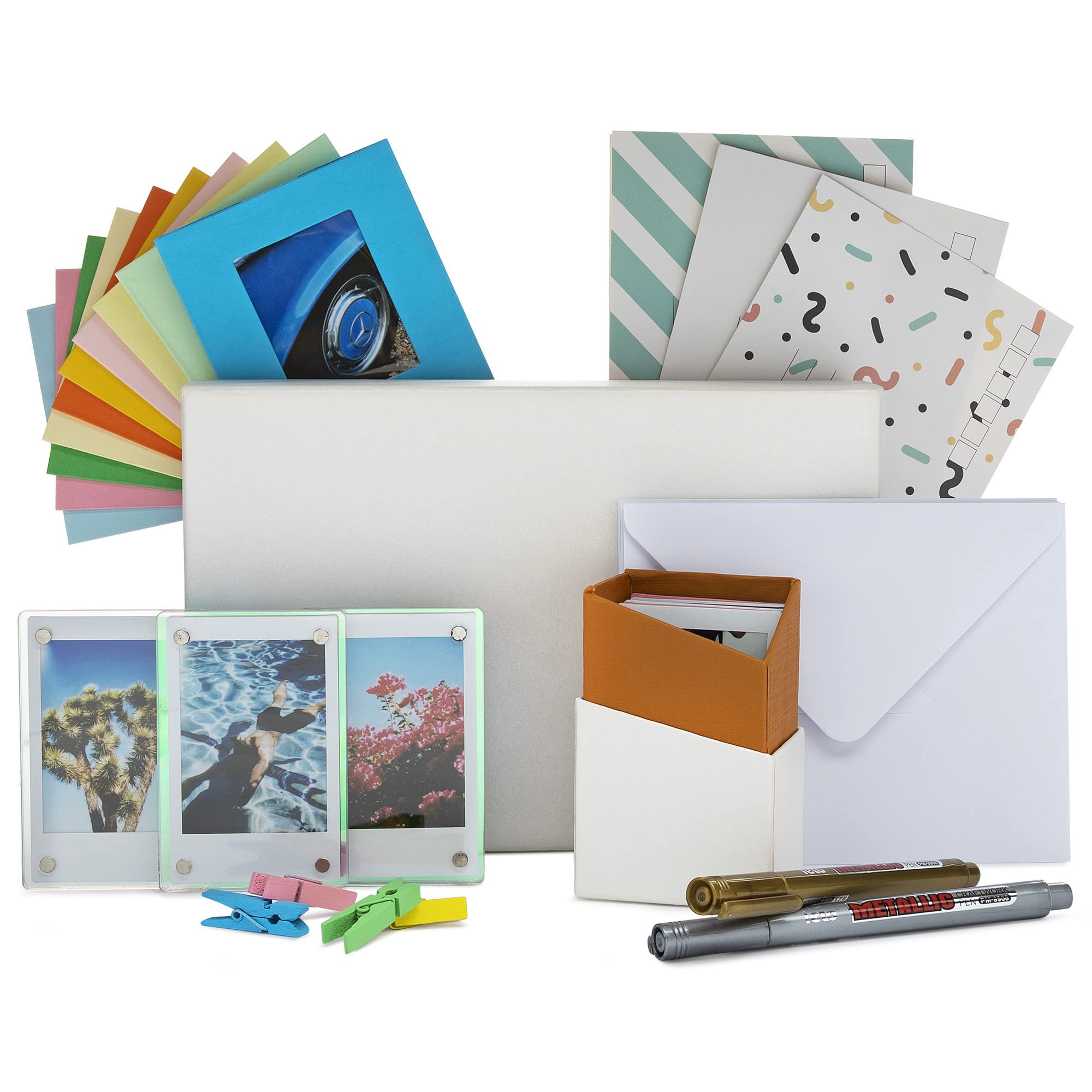 Polaroid GO Everything Box Bundle with Polaroid GO Color Film (2-Pack), 3 Magnetic and 10 Hanging Frames and Storage Box, Postcard Set (20-pack) with Metallic Pen Set (5 Items)