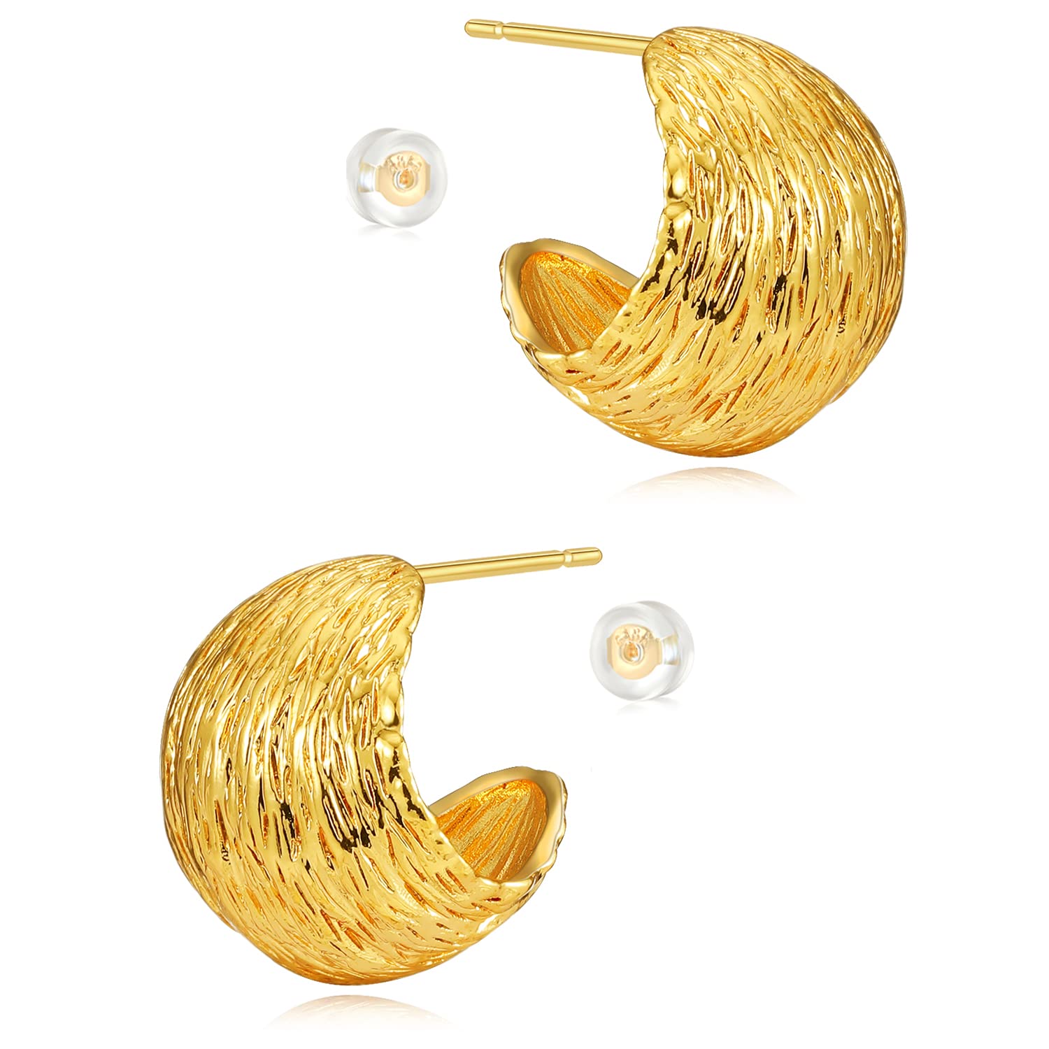 MRSXIA Hoop Earrings for Women Gold Chunky Dome Textured Half Open C-shape Stud 18K Gold Filled Small Simple Delicate Hypoallergenic Illusion Ear Jewelry