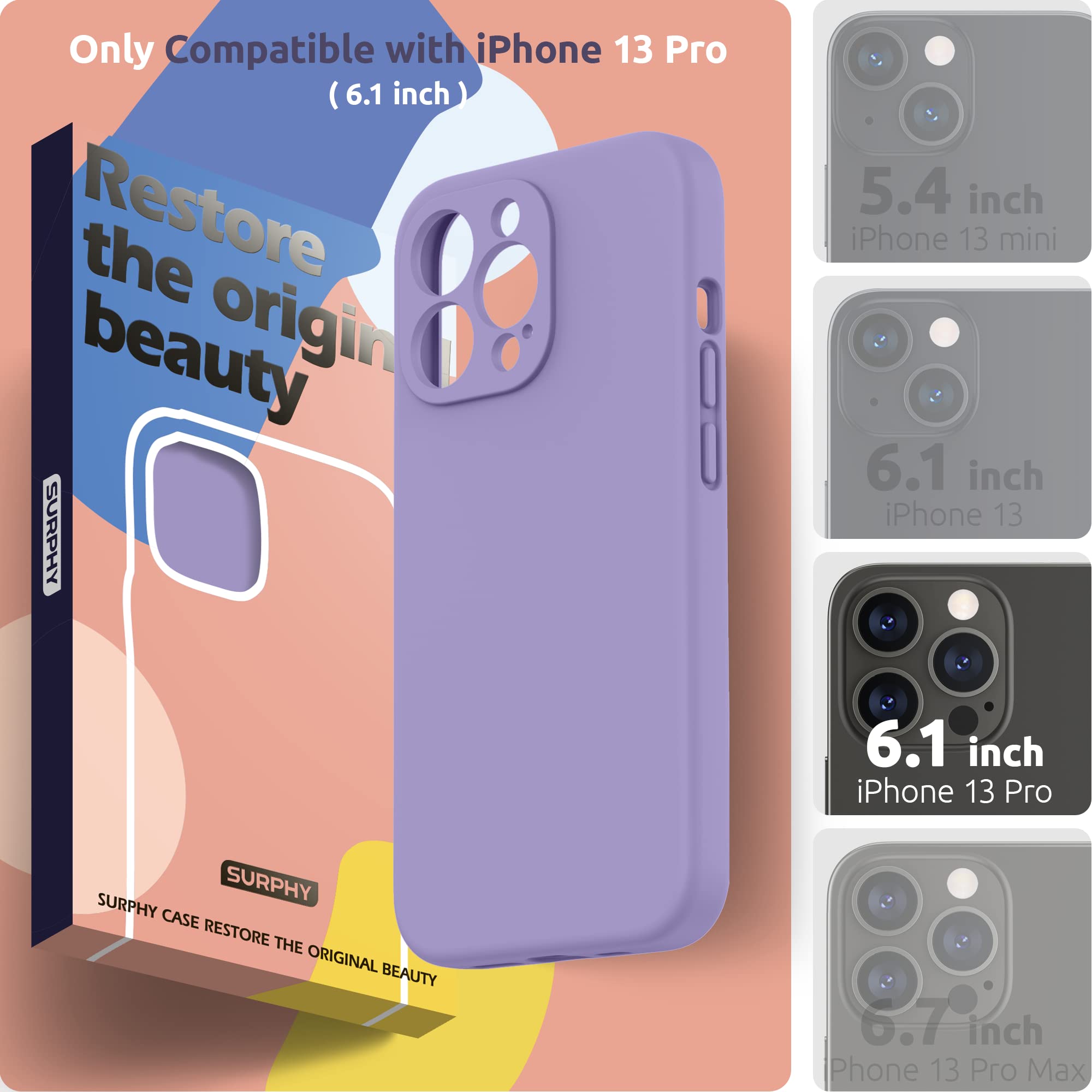 SURPHY Compatible with iPhone 13 Pro Case with Screen Protector, (Camera Protection + Soft Microfiber Lining) Liquid Silicone Phone Case 6.1 inch 2021, Light Purple