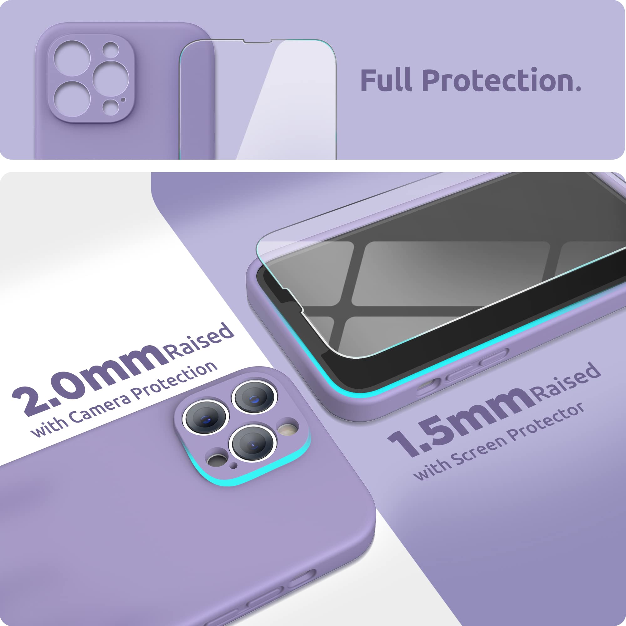 SURPHY Compatible with iPhone 13 Pro Max Case with Screen Protector, (Camera Protection + Soft Microfiber Lining) Liquid Silicone Phone Case 6.7 inch 2021, Light Purple