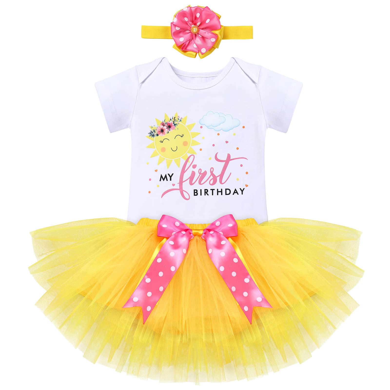 Newborn Infant 1st Birthday You Are My Sunshine Tutu Yellow One Year Party Princess Romper/Headband 3PCS Baptism Christening Dedication Clothes Set Formal Suit Dance Gown Floral-my 1st birthsay 1T