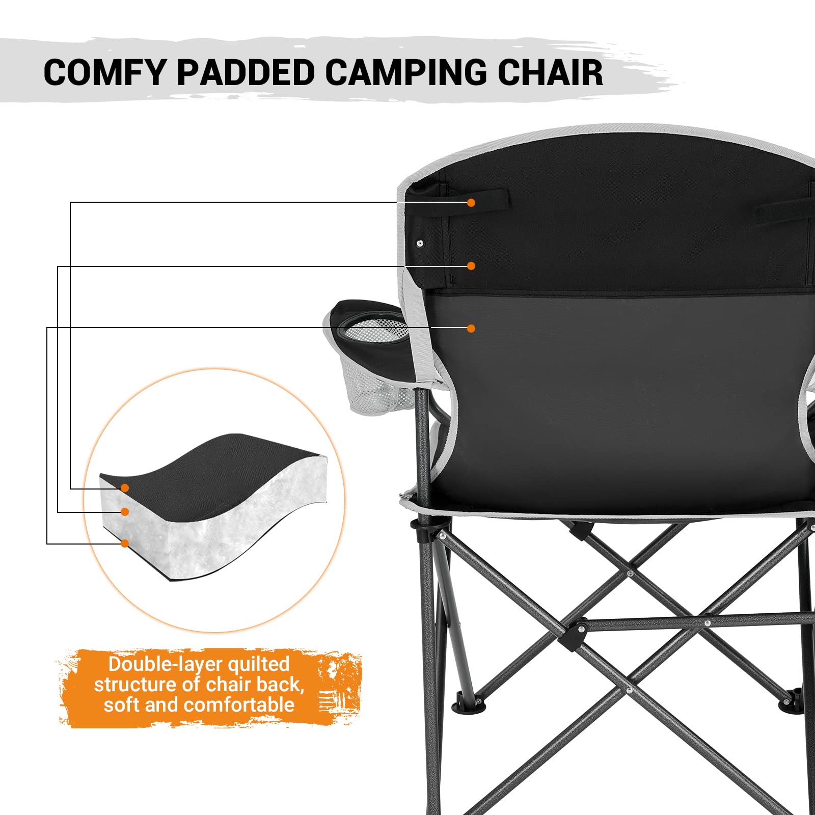 FUNDANGO Folding Padded Camping Arm Chair, Portable Outdoor Full Back Lawn Chair with Side Table Cup Holder Side Pocket for Garden Camping Picnic BBQ Concert with Carry Bag, Support 300LBS