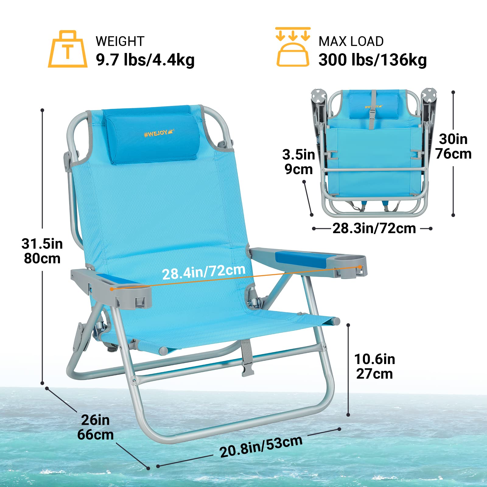 #WEJOY 2 Pack Oversized Backpack Beach Chair, 5 Adjustable Folding Reclining Beach Chairs,Portable High Back Low Chair with Backpacking Strap,Bottle Opener,Phone&Cup Holder for Camping Sand,300 Lbs