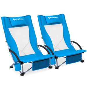 kingcamp folding beach chair 2 pack high back lightweight portable backpack chair with headrest, cup holder for camping outdoor sand concert lawn festival sports, blue