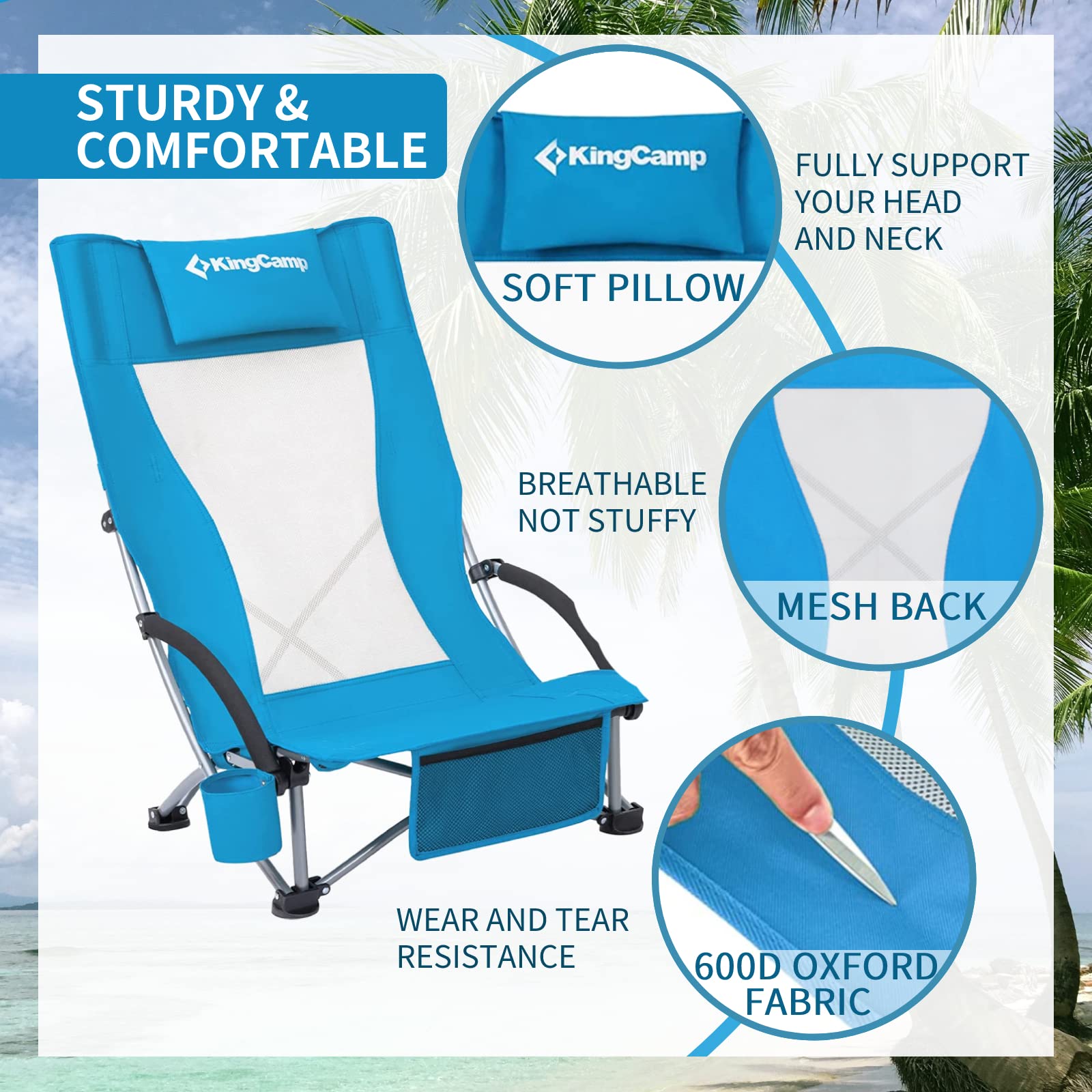 KingCamp Folding Beach Chair 2 Pack High Back Lightweight Portable Backpack Chair with Headrest, Cup Holder for Camping Outdoor Sand Concert Lawn Festival Sports, Blue