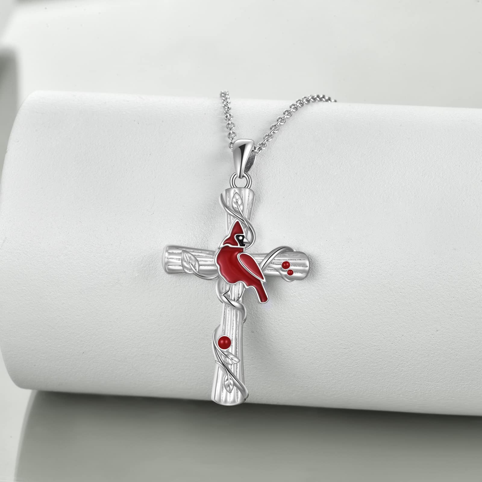 POPKIMI Red Cardinal Pendant Necklace S925 Sterling Silver Cardinal Jewelry Red Bird Memorial Red Cardinal Tree Pendant Jewelry Gift for Women