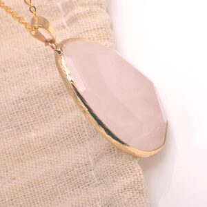 Paialco Faceted Cut Natural Rose Quartz Crystal Big Flat Drop Pendant Necklace, Yellow Gold Gilt