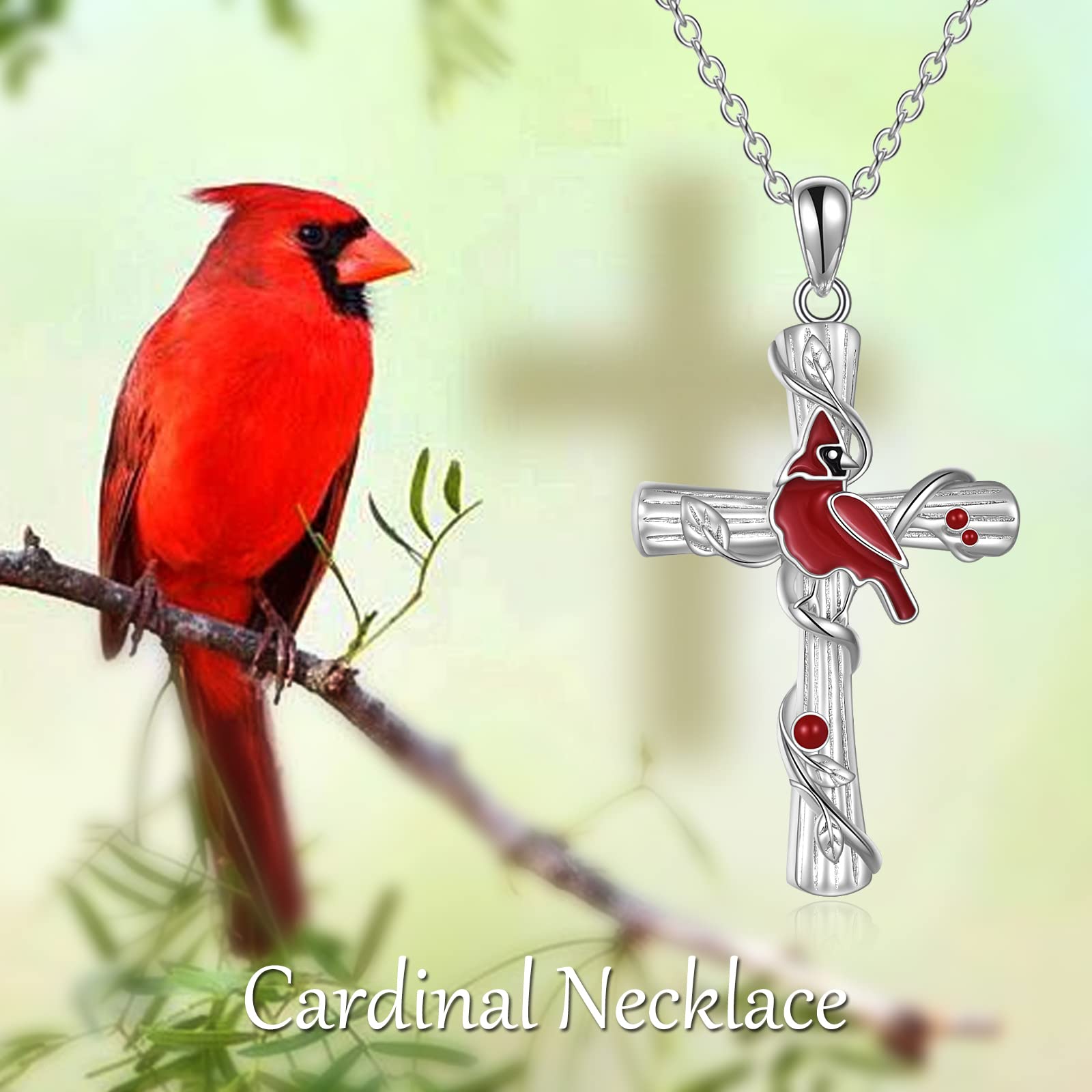 POPKIMI Red Cardinal Pendant Necklace S925 Sterling Silver Cardinal Jewelry Red Bird Memorial Red Cardinal Tree Pendant Jewelry Gift for Women